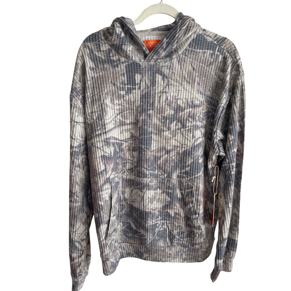 Negative Space Mens Waffle Knit Hoodie Grey Abstract Camo Thermal Pullover L NEW